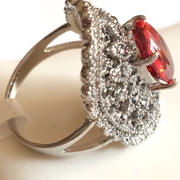 Art Deco Ruby Marcasite Cocktail Ring Size 6 7 Silver Rhodium Plated Simulated - Picture 11 of 12